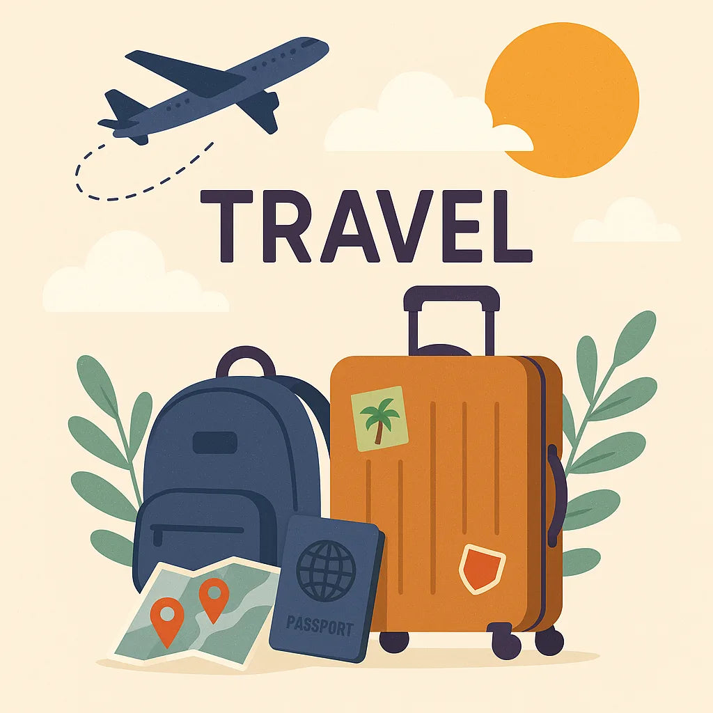 Travel essentials illustration with airplane and luggage – flying with nicotine pouches guide by Calipouch