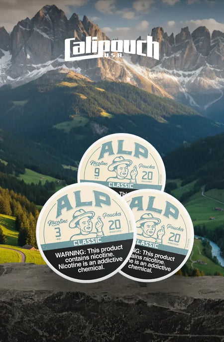 Three ALP Classic tobacco packages with a scenic mountain background